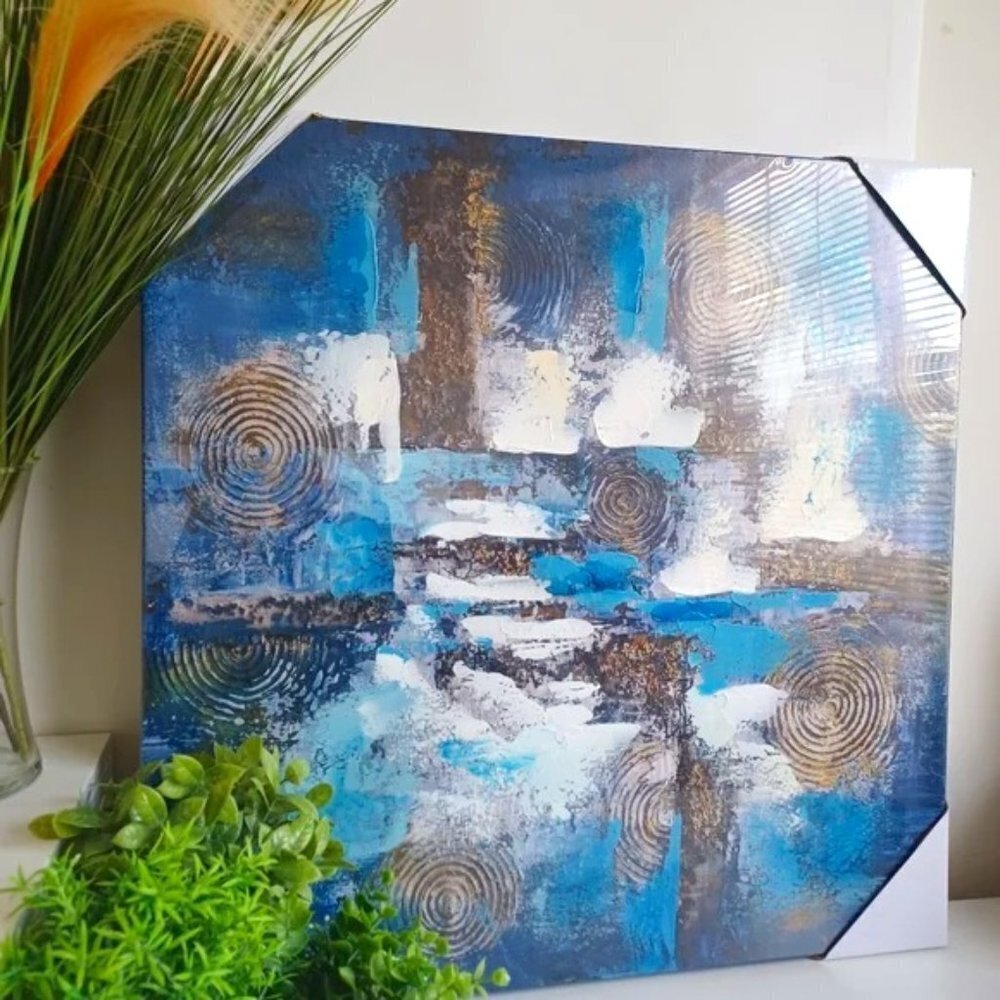 DECORATIVE WALL ART BLUE ABSTRACT STRTCHED CANVAS PAINTING   24 x 24  NWT